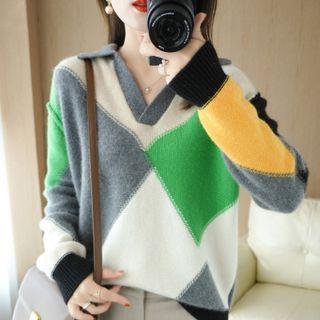 Color Block Collared Sweater Gray & Green & Yellow - One Size