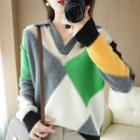 Color Block Collared Sweater Gray & Green & Yellow - One Size