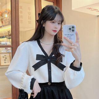 Long-sleeve Bow Button-up Top