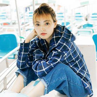 Hooded Plaid Shirt Blue - One Size