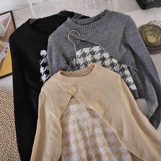 Set: Asymmetrical Cropped Sweater + Houndstooth Knit Camisole Top