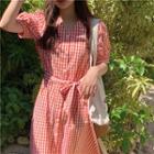 Plaid V-neck Short-sleeve Slim-fit Dress