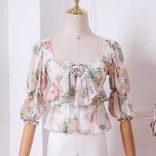 Faux Pearl-accent Short-sleeved Chiffon Blouse