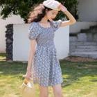 Puff-sleeve Square Neck Floral Dress Floral Blue - One Size
