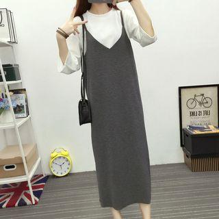 Set: 3/4-sleeve T-shirt + Spaghetti Strap Midi Dress