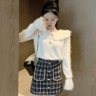 Furry Collared Sweater / Tweed Mini Pencil Skirt / A-line Mini Skirt