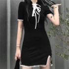 Short-sleeve Lace-up Mini Sheath Dress Black - One Size