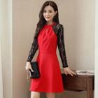 Color-block Slim-fit Lace Long-sleeve Dress