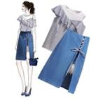 Set: Asymmetric Cut-out Ruffled Top + Denim Wrap Midi Skirt