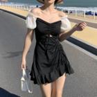 Puff-sleeve Two-tone Drawstring Swim Dress