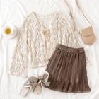 Long-sleeve Open Knit Cardigan / Ruffled Pleated Skirt / Tie Neck Plain Tank Top