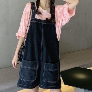 Striped Long-sleeve T-shirt Dress / Denim Wide-leg Jumper Shorts