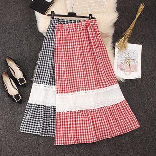 Plaid Lace Panel Midi Skirt