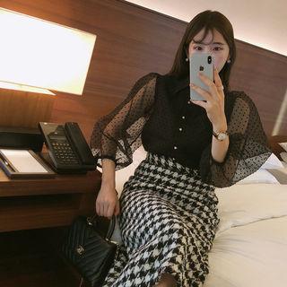 Puff-sleeve Sheer Textured Blouse