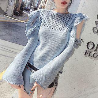 Long-sleeve Cold Shoulder Perforated Knit Top Light Blue - One Size