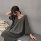 Plain V-neck Loose-fit Knit Dress / Long Cardigan