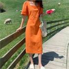 Square-neck Linen Blend Dress Orange - One Size