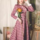 Frill-hem Bow-detail Check Long-sleeve Dress