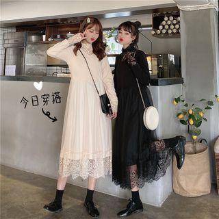Long Sleeve Lace Panel Midi A-line Dress