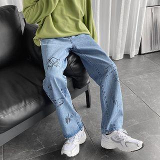 Smiley Face Print Straight-cut Jeans