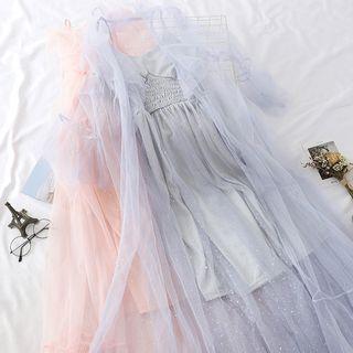 Set: Spaghetti Strap Mesh Paneled A-line Midi Dress + Lace Light Jacket