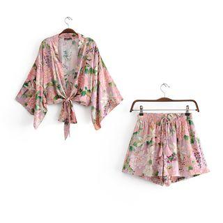 Set: Bell-sleeve Floral Top + Wide Leg Shorts