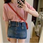 Short-sleeve Knit Top / Belted Denim Mini Skirt / Set