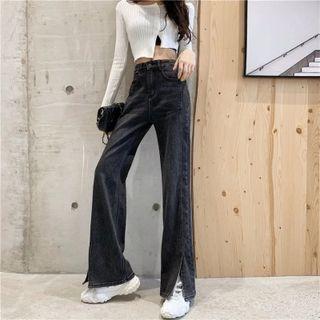 Mid Rise Slit-hem Washed Bootcut Jeans