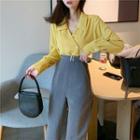 Long-sleeve Double-buttoned Chiffon Blouse