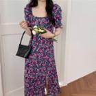 Floral Print Puff-sleeve Maxi A-line Dress