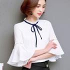 Frilled Neck Bow Bell-sleeve Chiffon Blouse