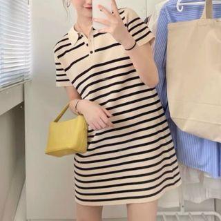Short-sleeve Polo-neck Striped Mini A-line Dress Stripe - Beige - One Size