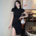 Short-sleeve Butterfly Embroidered Slit Bodycon Dress