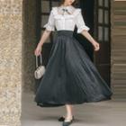 Set: Short-sleeve Ruffle Trim Blouse + High-waist A-line Midi Dress