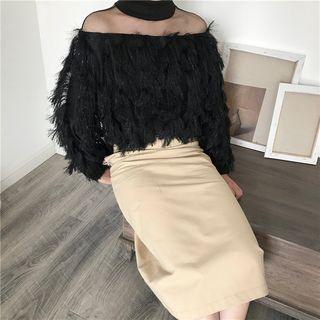 Mesh Panel Fringed Long-sleeve Top