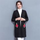 Pocketed Embroidered Open-front Knit Jacket