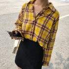 Plaid Loose-fit Blouse Yellow - One Size