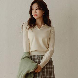 Plain Collared V-neck Knit Top