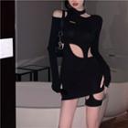 Long Sleeve Halter Cut-out Top/ Cut-out Plain Mini Skirt