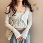 Mock Two-piece Long-sleeve Tie-front Lettuce-edge Cropped Knit Top