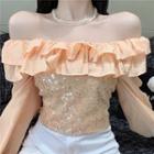 Ruffle Trim Sequin Cropped Blouse