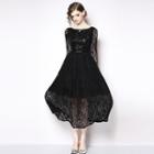 Long-sleeve Sequined Midi A-line Lace Dress