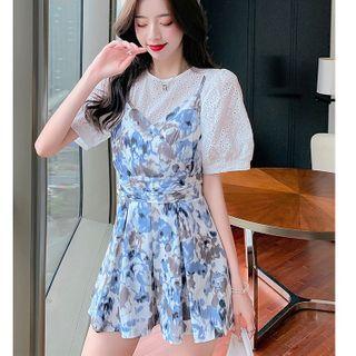 Set: Puff-sleeve Eyelet Lace Blouse + Floral Print A-line Dress