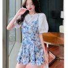 Set: Puff-sleeve Eyelet Lace Blouse + Floral Print A-line Dress