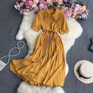 Elbow-sleeve Accordion Pleat Maxi A-line Shirtdress