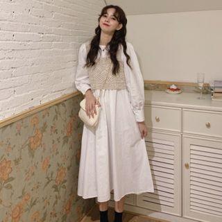 Long-sleeve Midi A-line Dress / Knit Tank Top