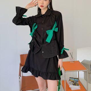 Bow Contrast Stitching Shirred Blouse