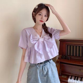 Short-sleeve Bow V-neck Cropped Blouse