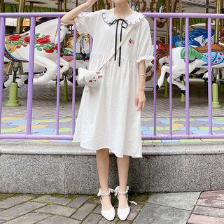 Elbow-sleeve Tie-neck Rabbit Embroidered Midi A-line Dress White - One Size