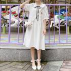 Elbow-sleeve Tie-neck Rabbit Embroidered Midi A-line Dress White - One Size